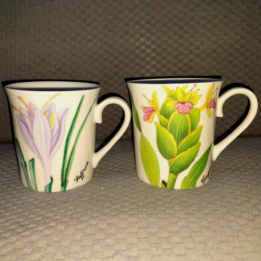 Vintage 80's Set of 2 Horchow Botanical Herb/Spice Flower Collection Mugs, Japan